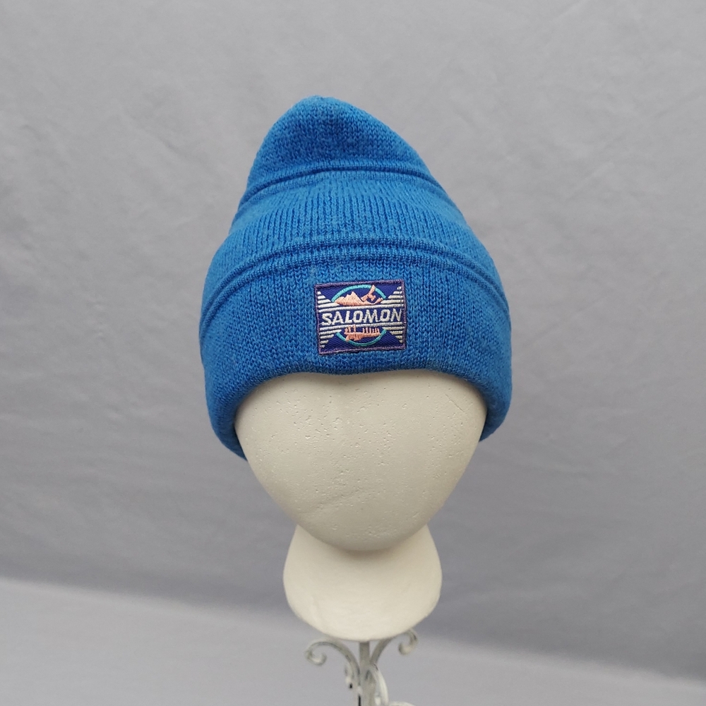 Vintage Salomon Knit Beanie Hat Blue Wool Winter Hat Ski Snowboarding